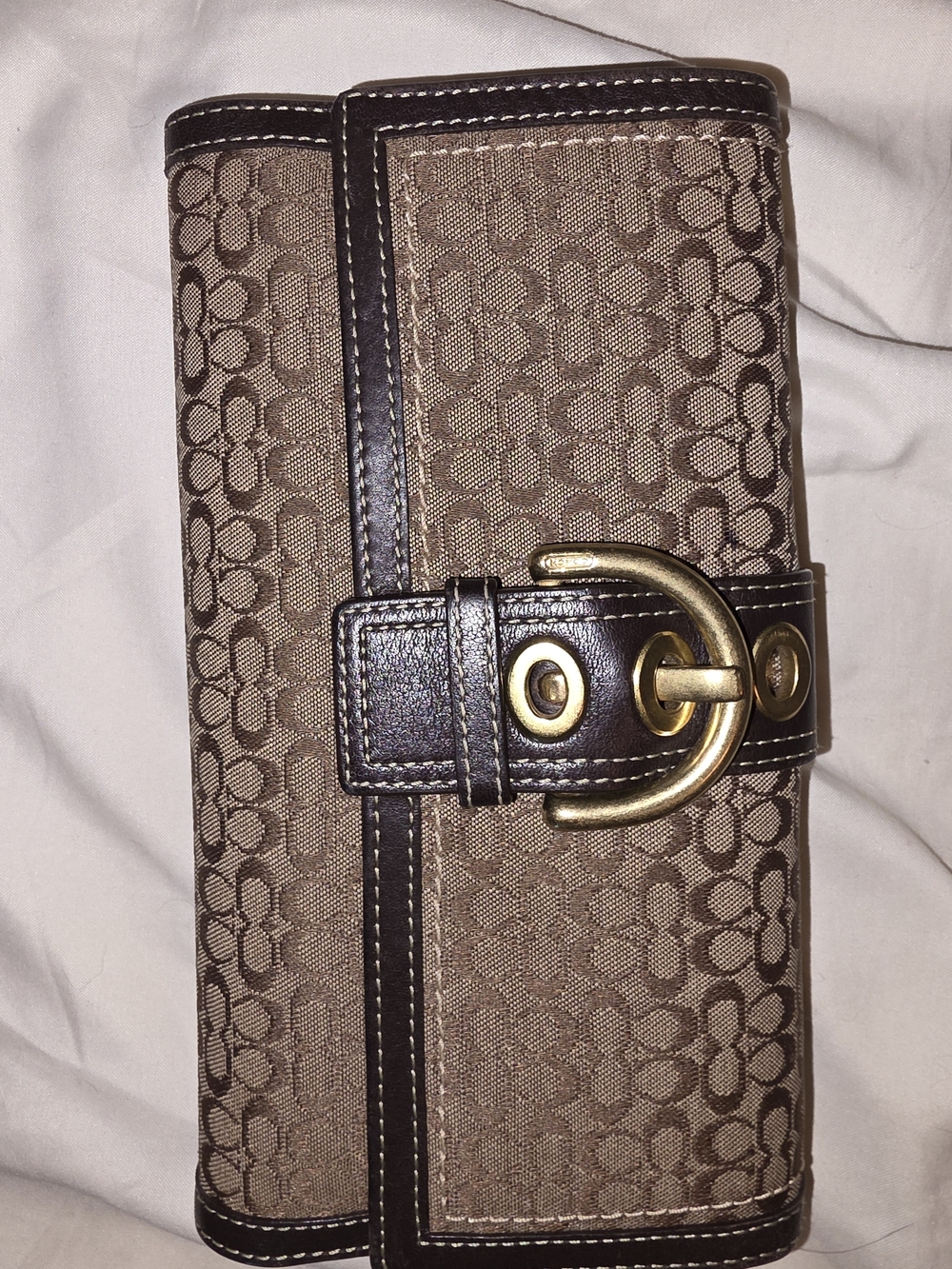 Coach Brown Signature Canvas Wallet with Brass Buckle